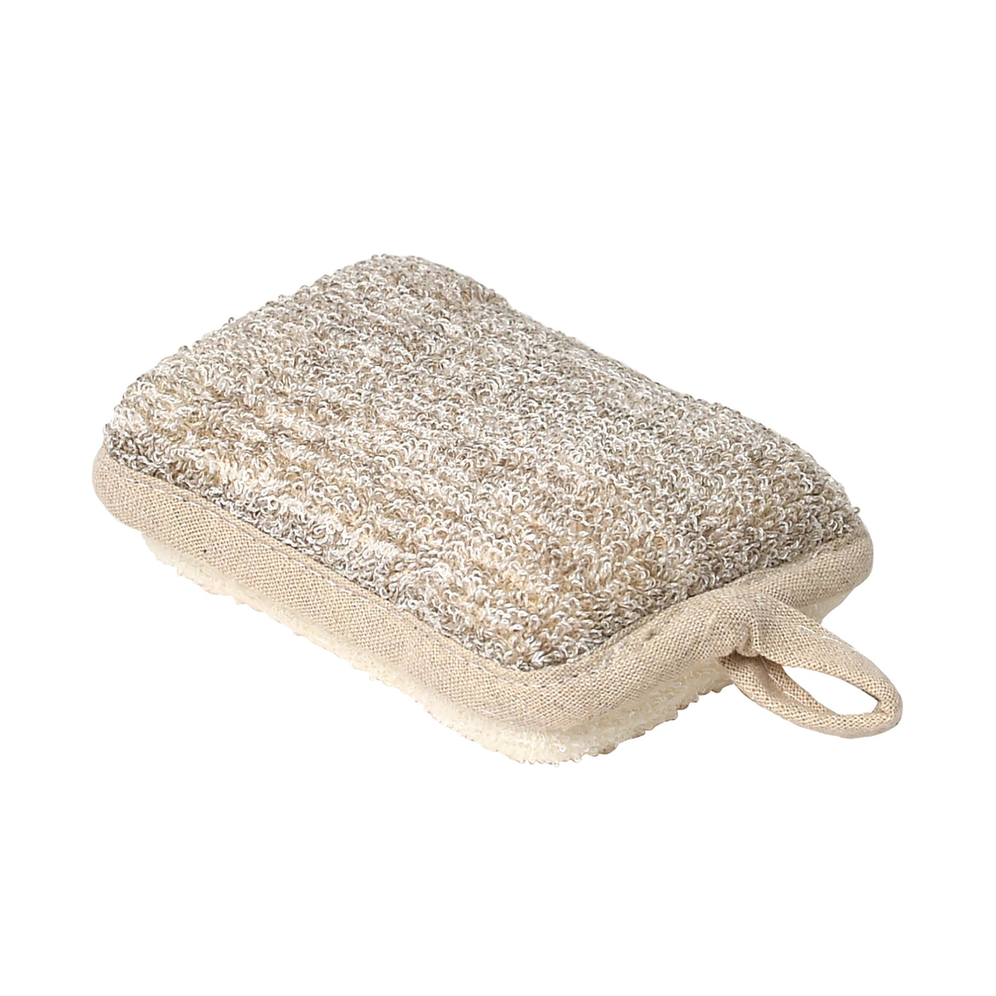 Natural textured exfoliating pad with beige surface and hanging loop