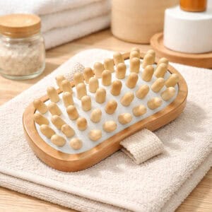 Wooden massage brush with rounded nubs on white towel with spa accessories