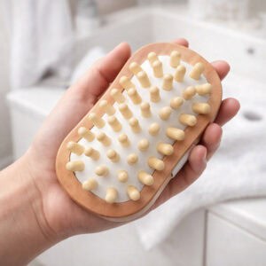 Hand holding wooden massage brush with rounded nubs