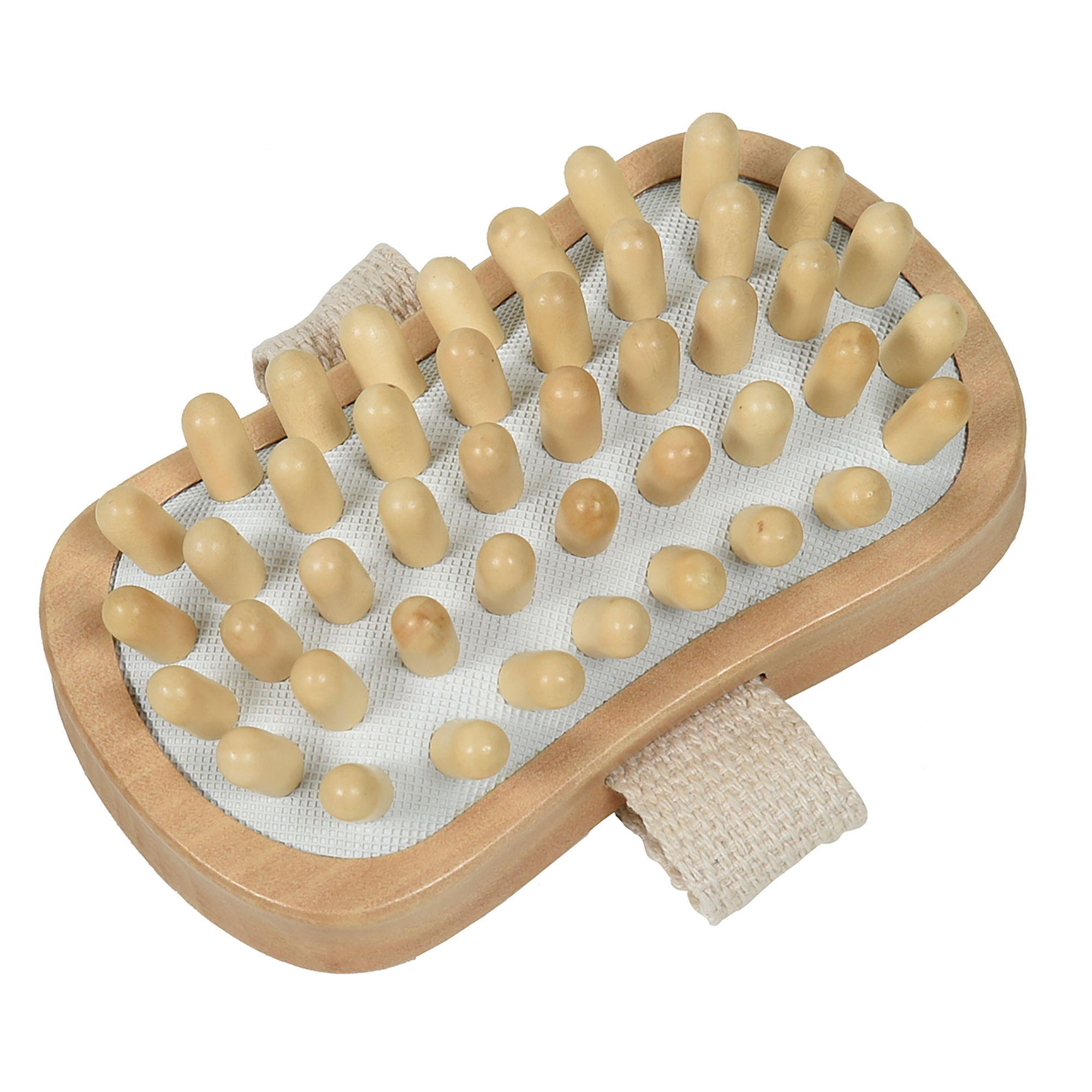Wooden massage brush with rubber nodules and fabric hand strap