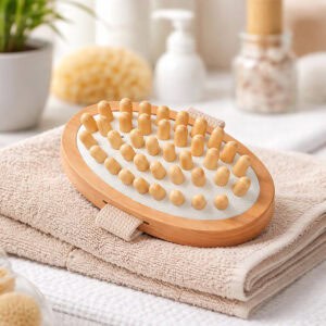 Oval wooden massage brush with rounded nubs on folded towels
