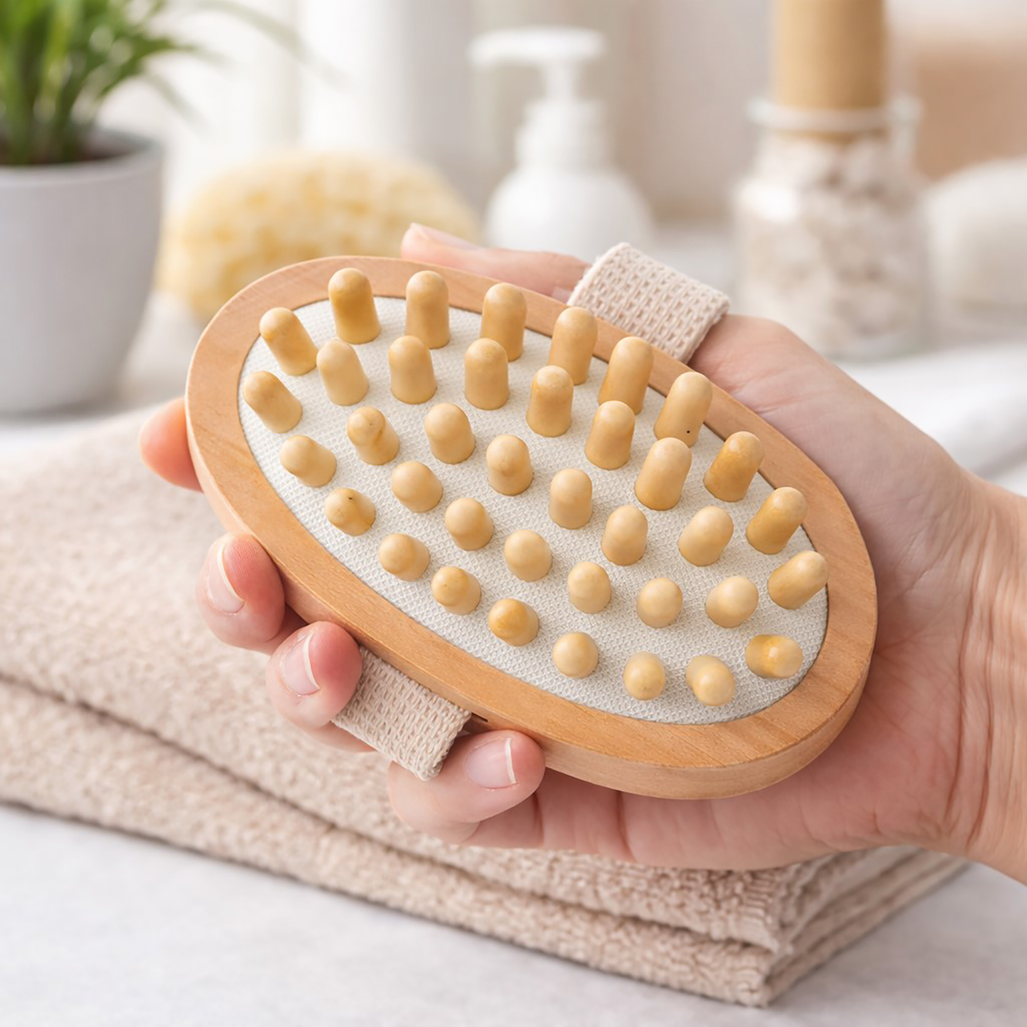 Hand holding oval wooden massage brush with rounded nubs and fabric strap
