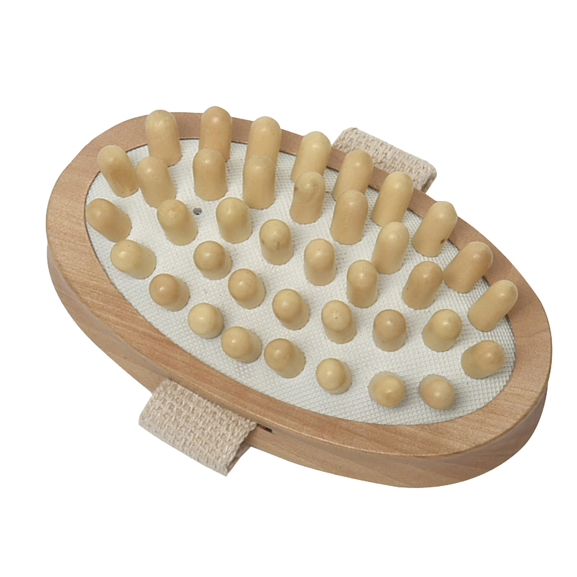 Oval wooden massage brush with rubber nodules and fabric hand strap