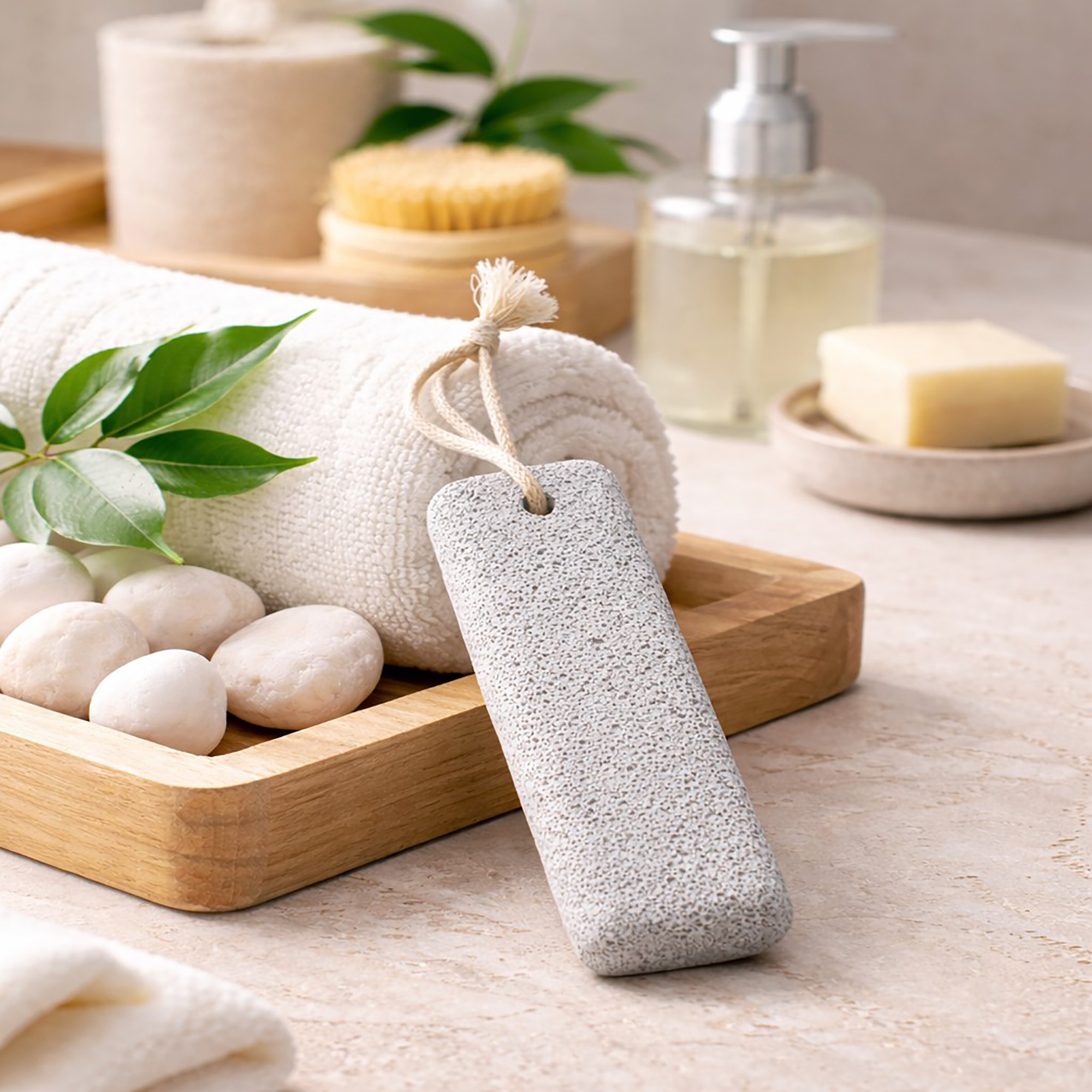 Rectangular pumice stone with rope loop on spa display with towels and natural bath products