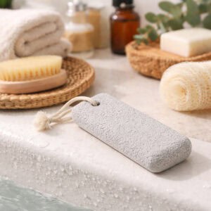 Small rectangular pumice stone with rope loop on bathroom counter with spa accessories