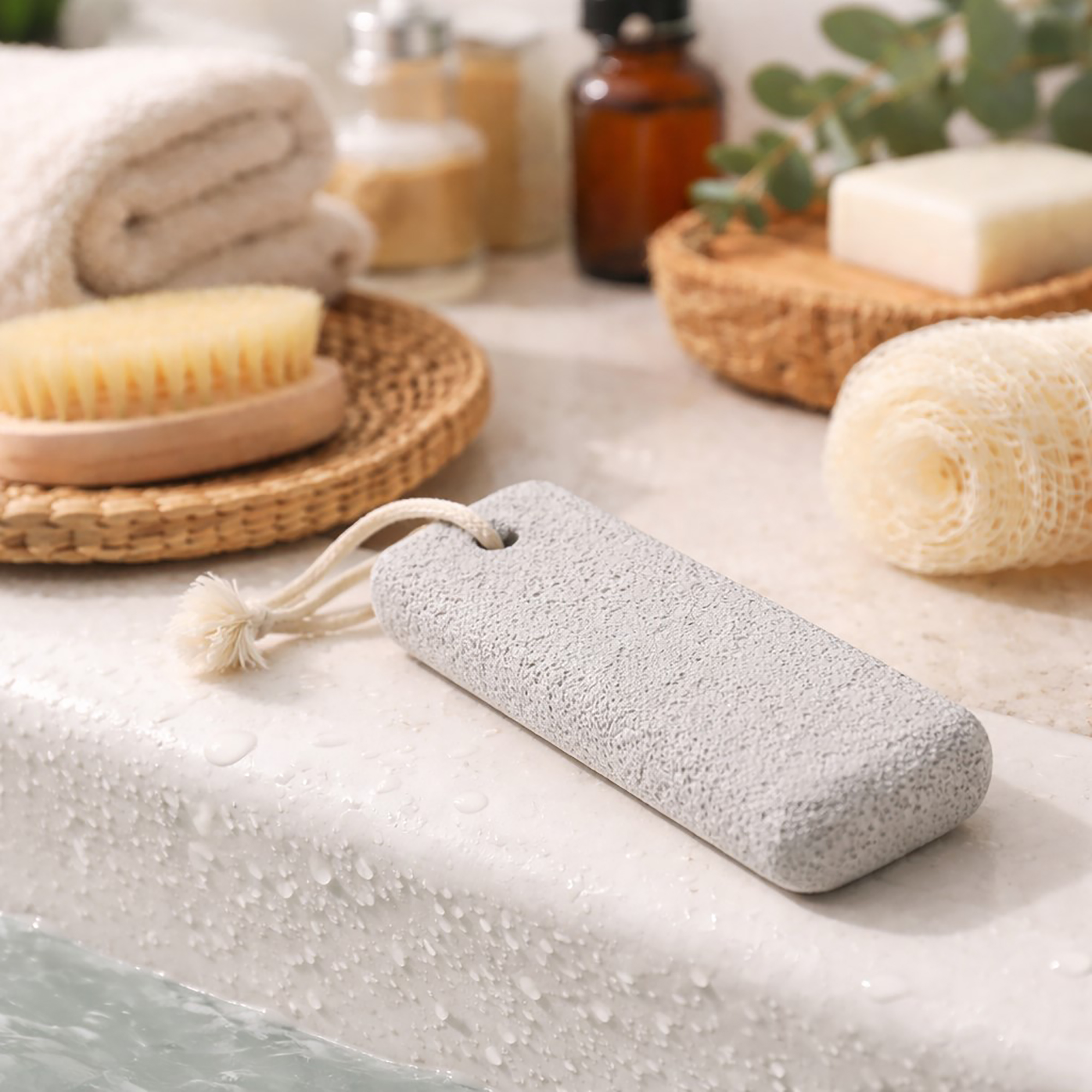 Small rectangular pumice stone with rope loop on bathroom counter with spa accessories