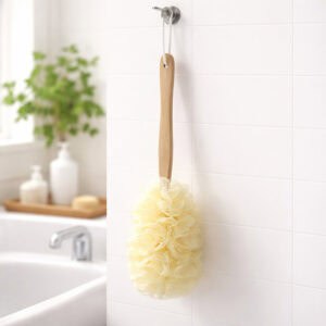 Cream-colored mesh loofah on a wooden handle hanging from a hook on a white tiled bathroom wall.