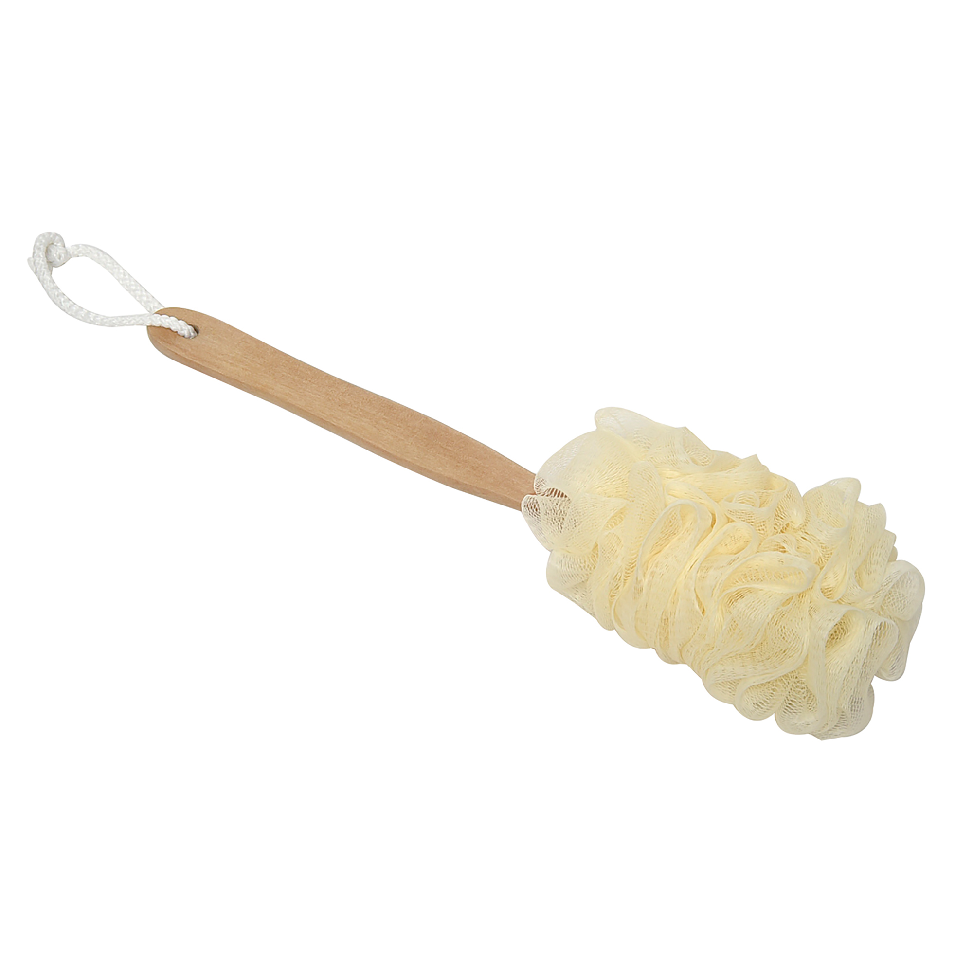 Body brush with wooden handle and cream-colored mesh loofah pad