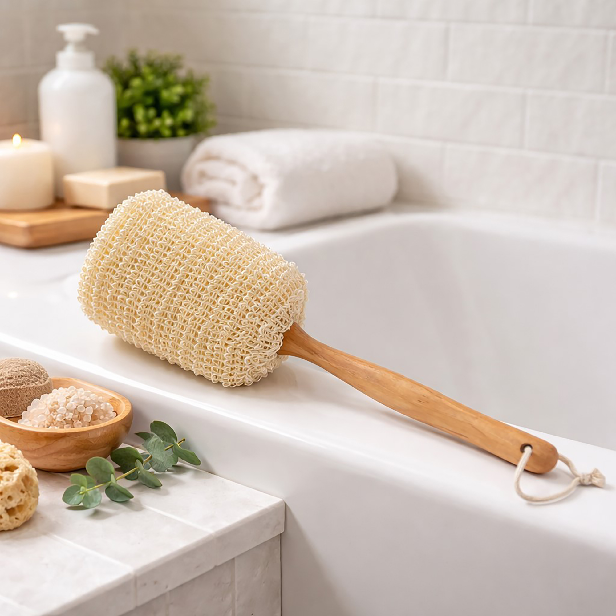Natural ramie back scrubber with a wooden handle resting on a white bathtub ledge, surrounded by bath accessories including bath salts, a candle, and eucalyptus sprigs.