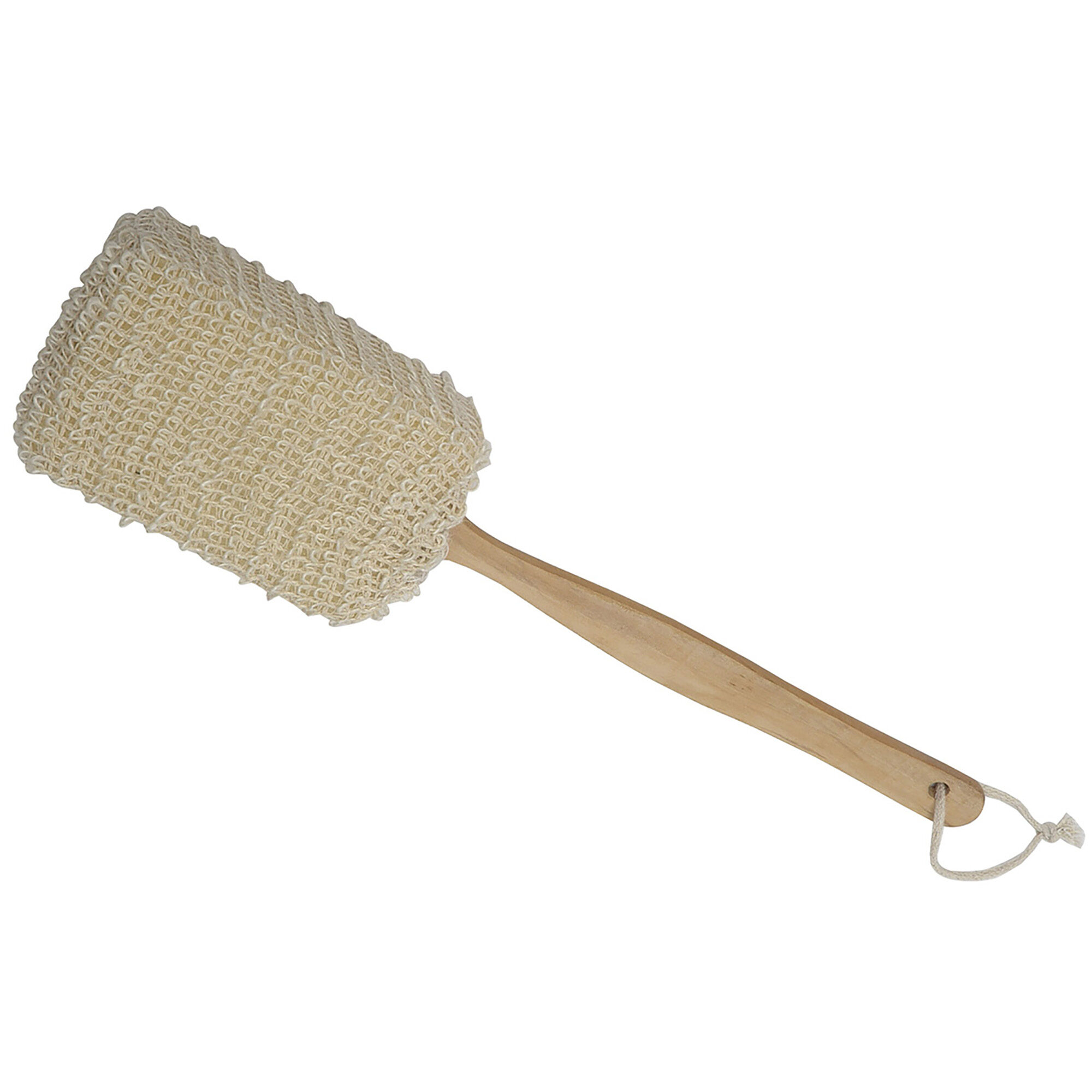 Natural loofah back scrubber with wooden handle and rope loop