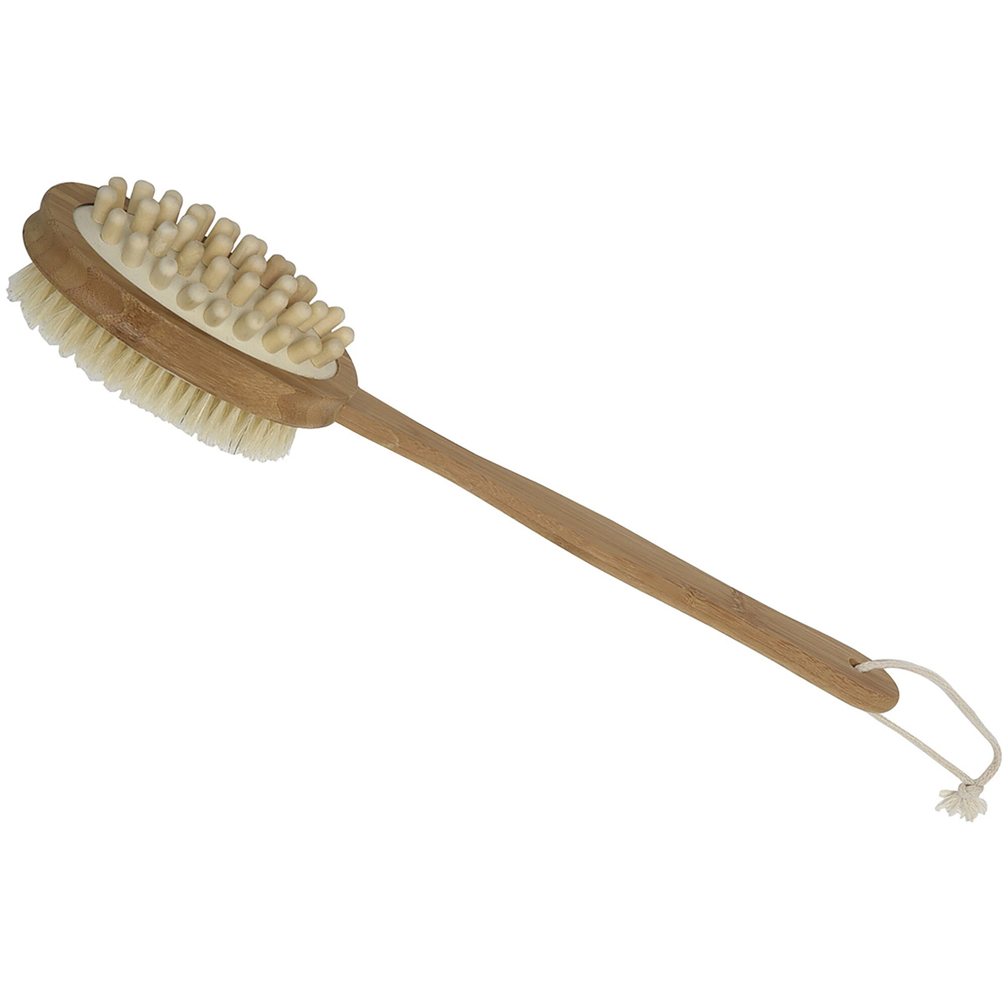 Dual-sided body brush with wooden handle, natural bristles on one side and massage nodules on the other, with rope hanging loop