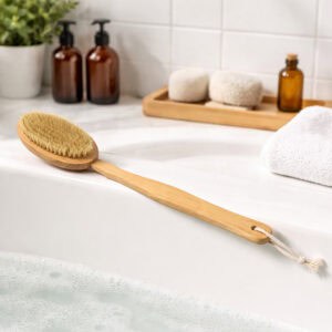 Long-handled wooden bath brush with natural bristles resting on the edge of a bubble-filled bathtub, with amber bottles and bath accessories in the background.