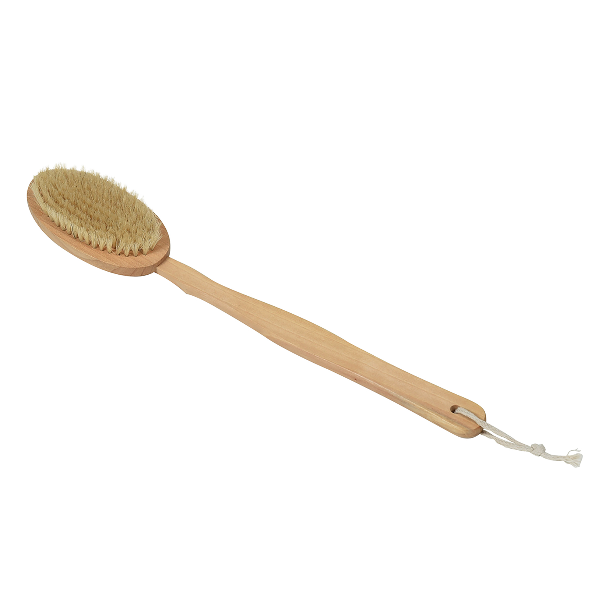 Natural bristle body brush with long wooden handle and rope hanging loop
