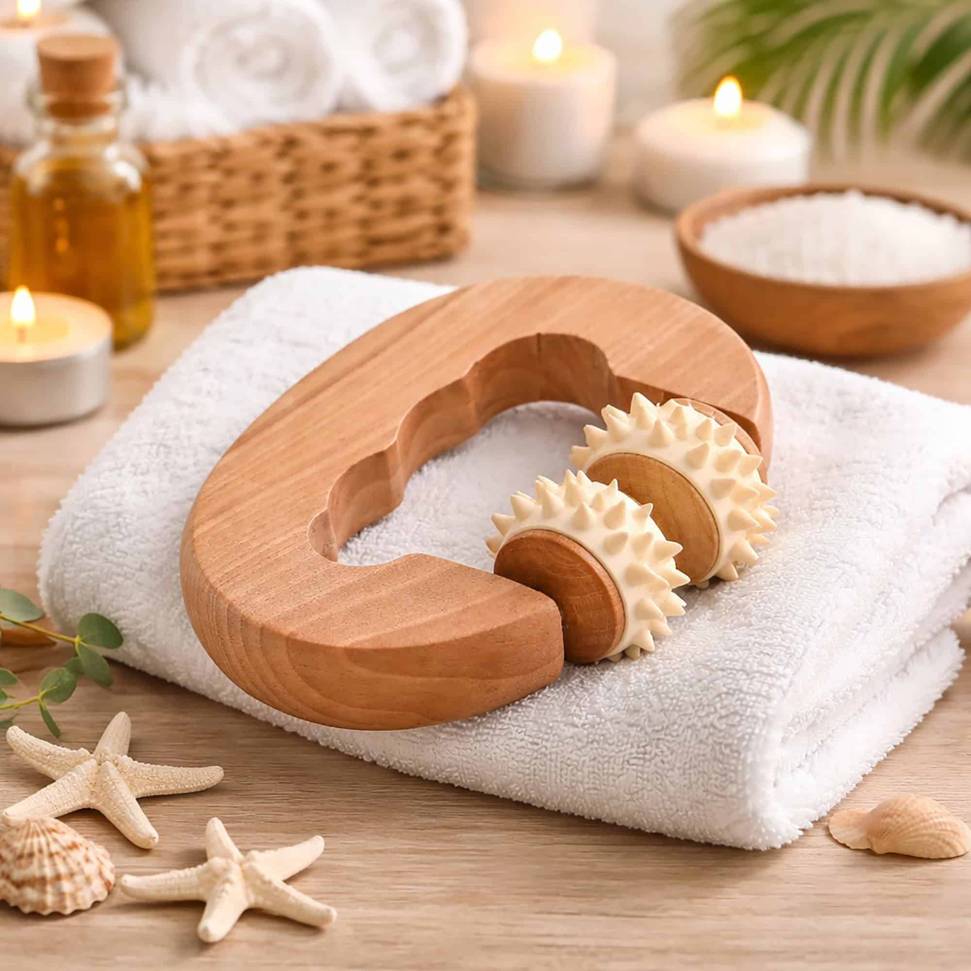 Wooden handheld massager with dual spiked rollers resting on a folded white towel, surrounded by candles, essential oil, bath salts, and seashells.