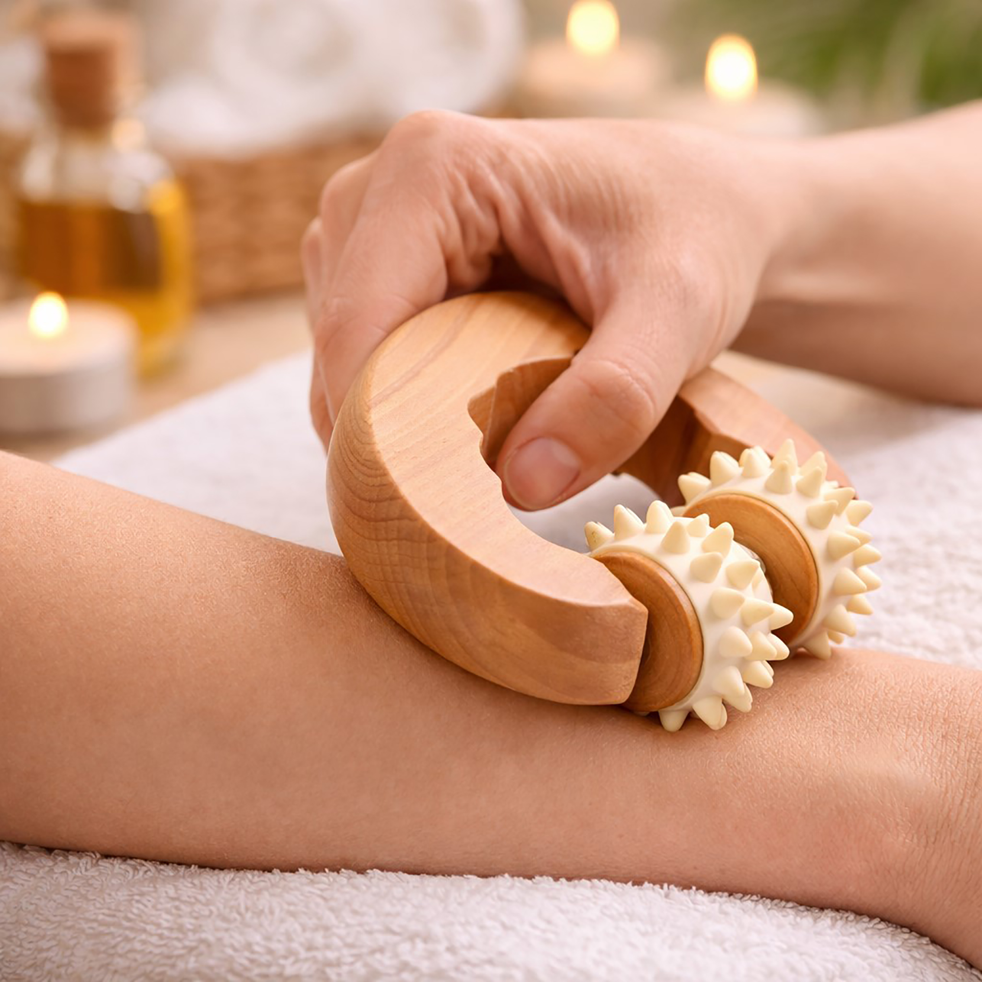Hand using a wooden handheld massager with dual spiked rollers on a person's leg during a spa treatment.