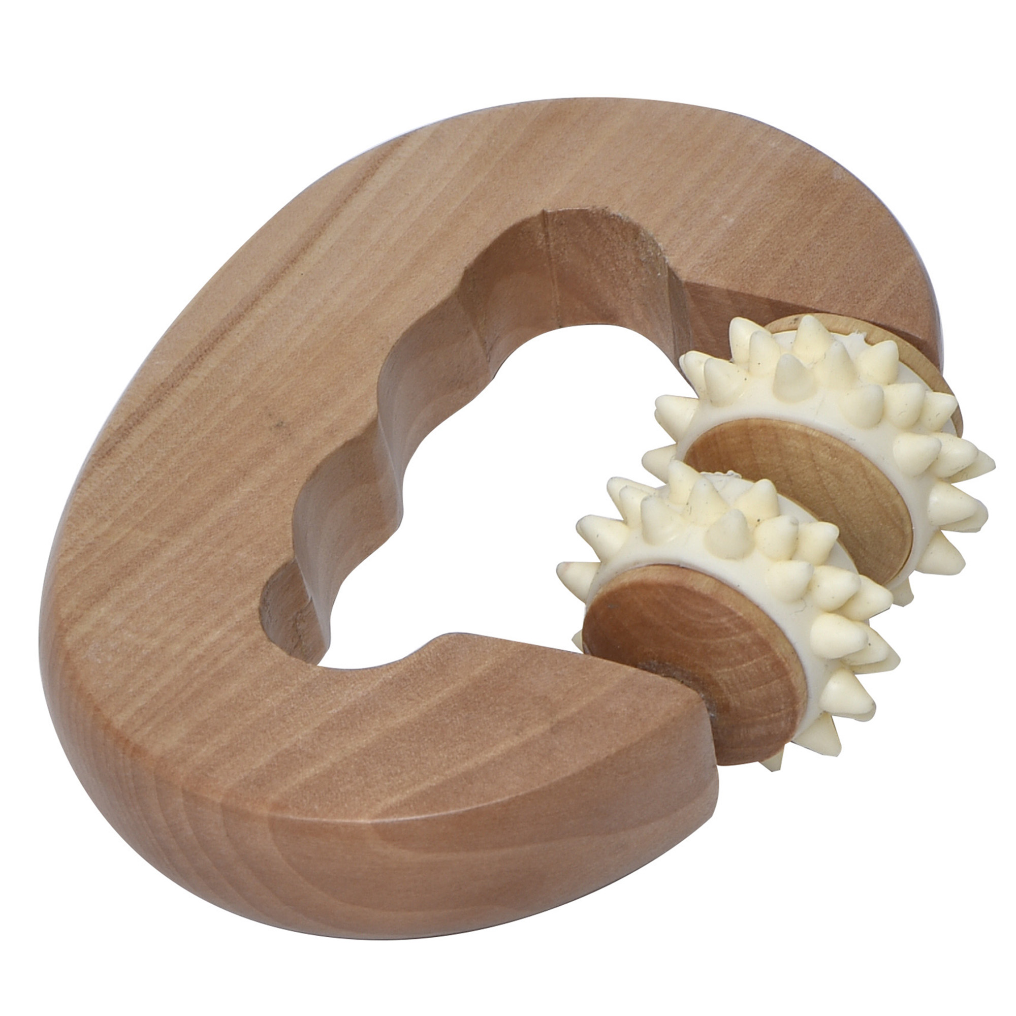 Wooden muscle massage roller with curved handle and two white textured rolling wheels