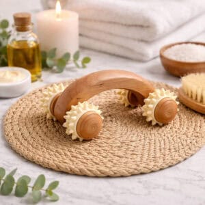 Wooden handheld massager with four spiked rollers resting on a woven mat, surrounded by essential oil, candle, bath salts, dry brush, and eucalyptus.