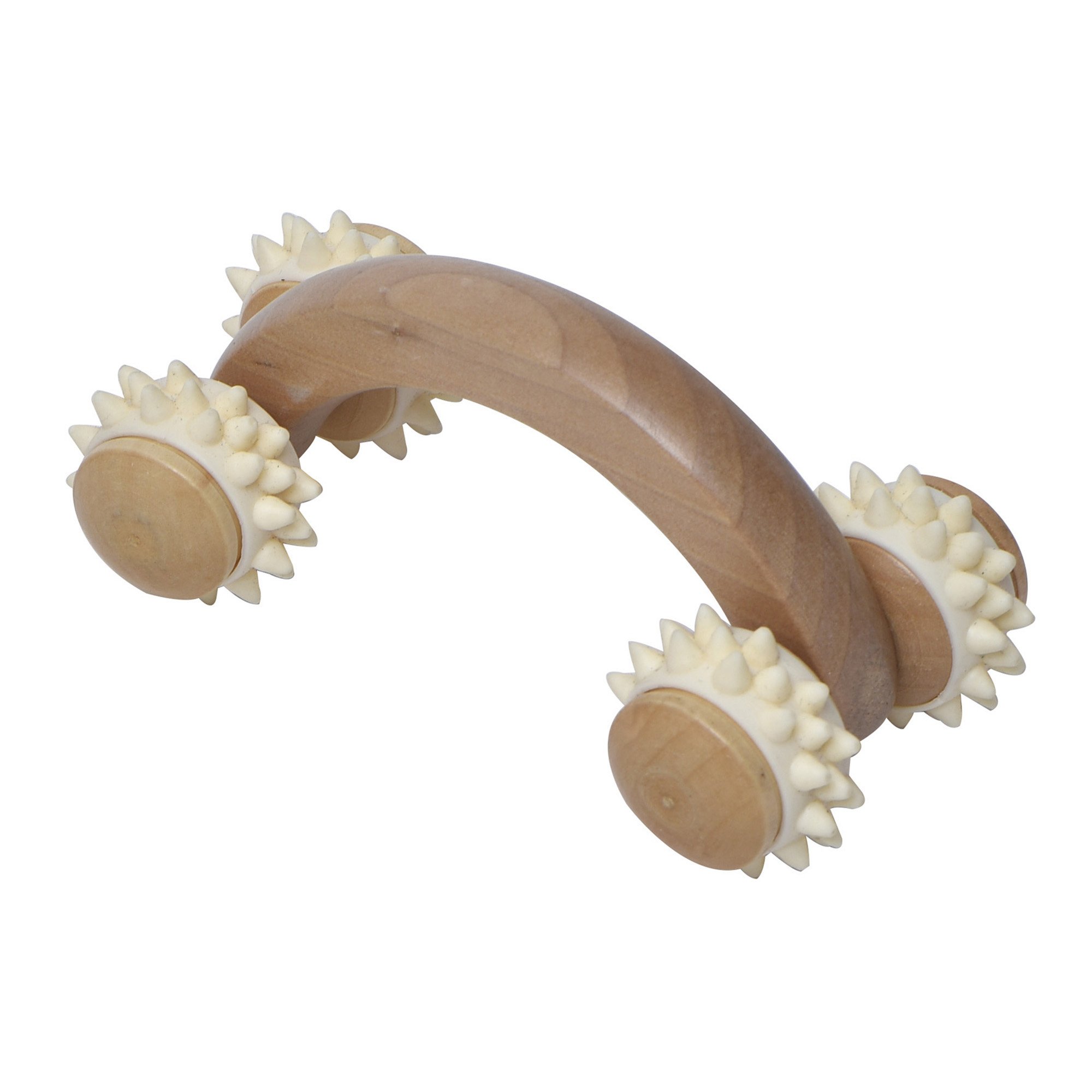 Wooden muscle massage roller with curved handle and four white textured rolling wheels
