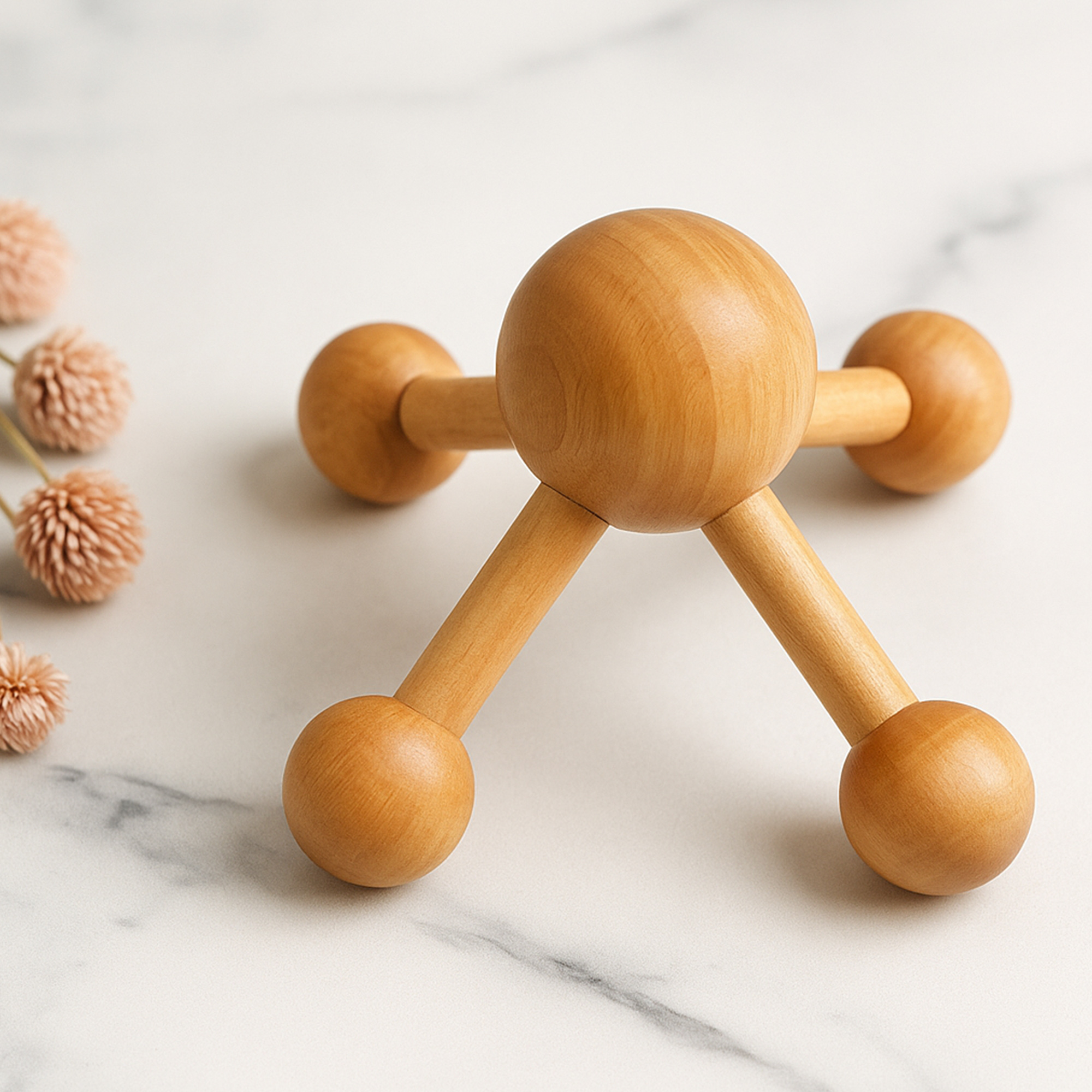 Wooden handheld node massager on a marble surface with dried pink flowers in the background.
