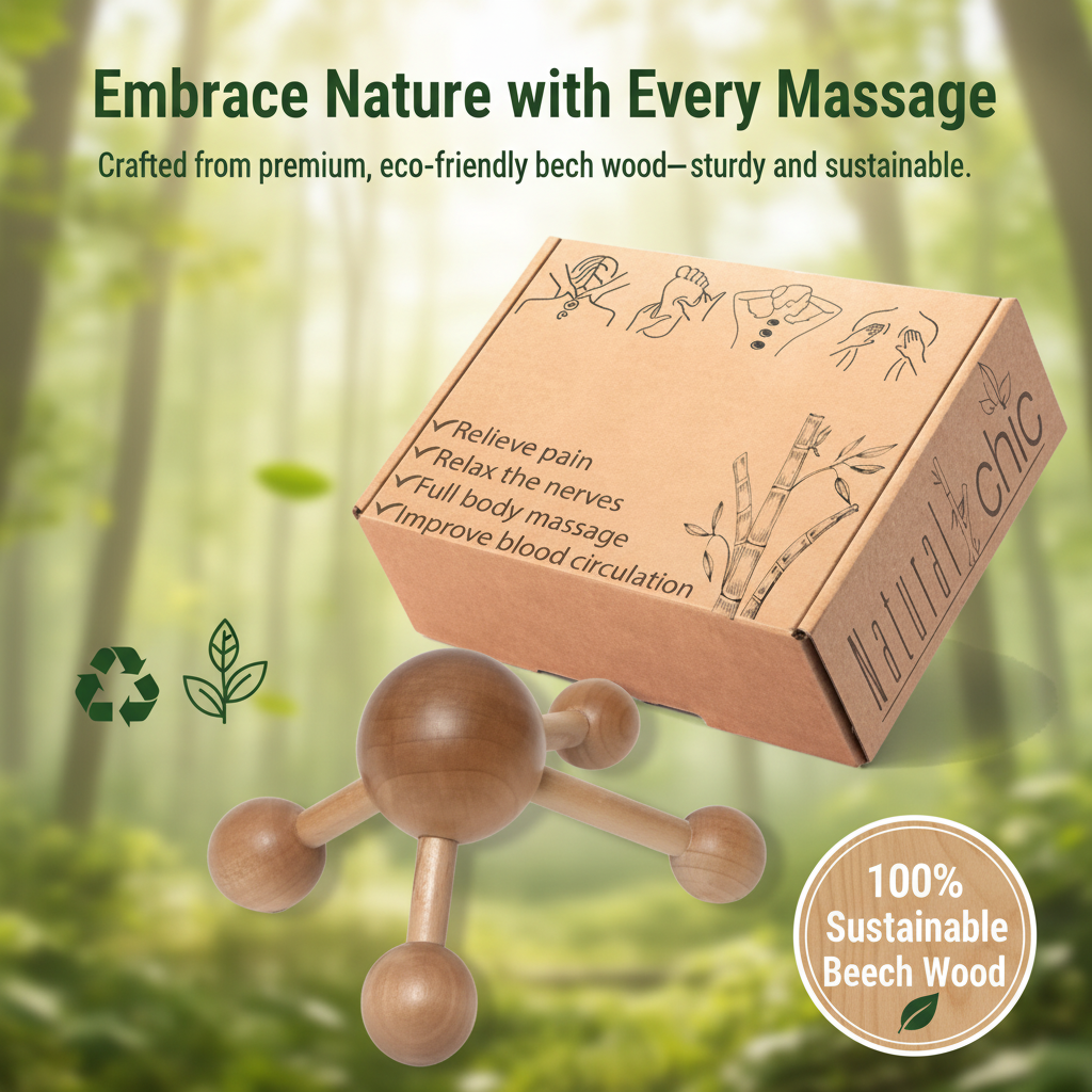Natural Wood Handheld Massager - Relaxing Muscle Relief, Revitalizing Scrubbing Roller