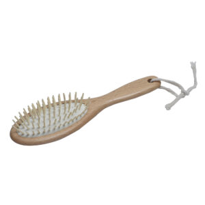 Natural wooden hair brush with oval head, wooden bristles, and rope hanging loop