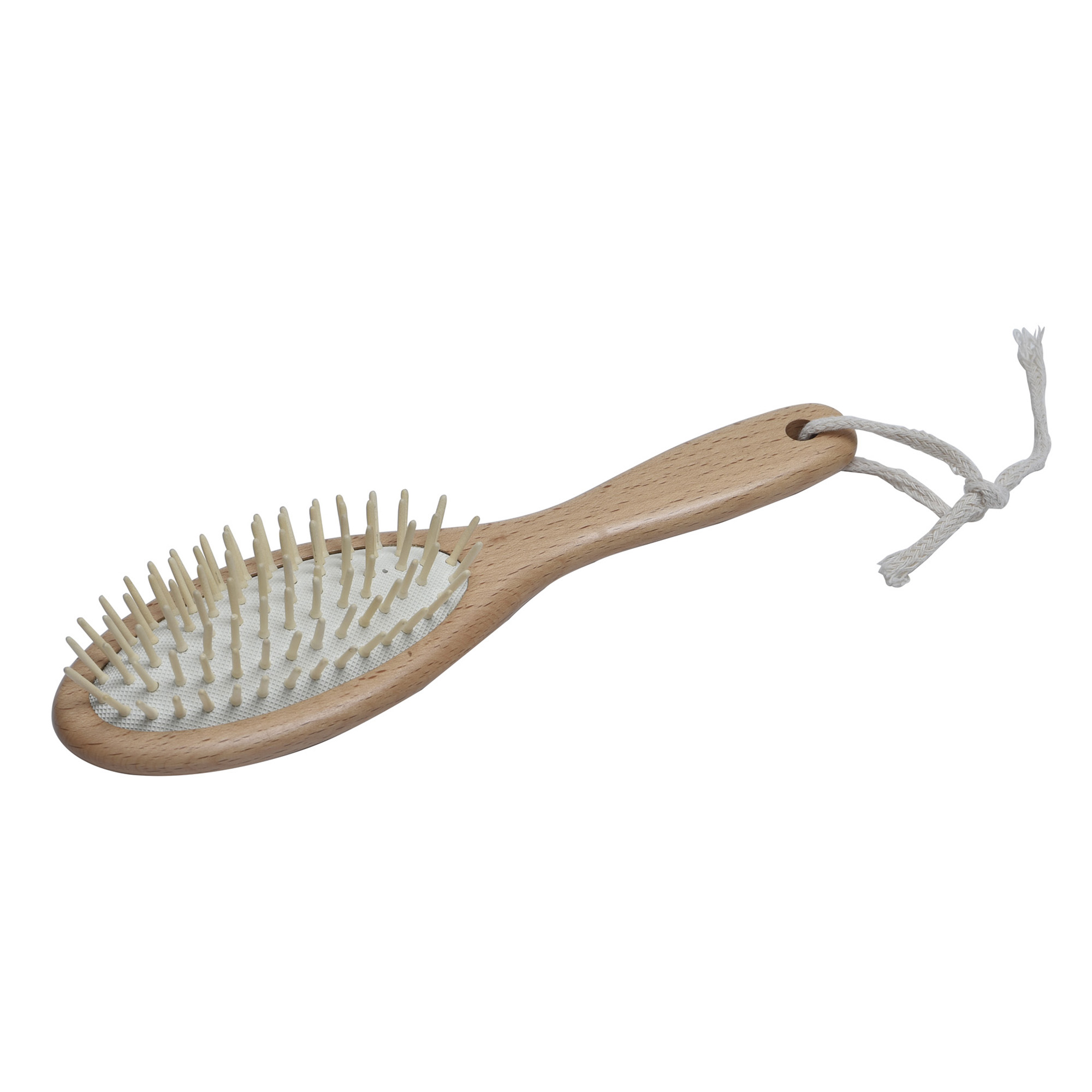 Natural wooden hair brush with oval head, wooden bristles, and rope hanging loop