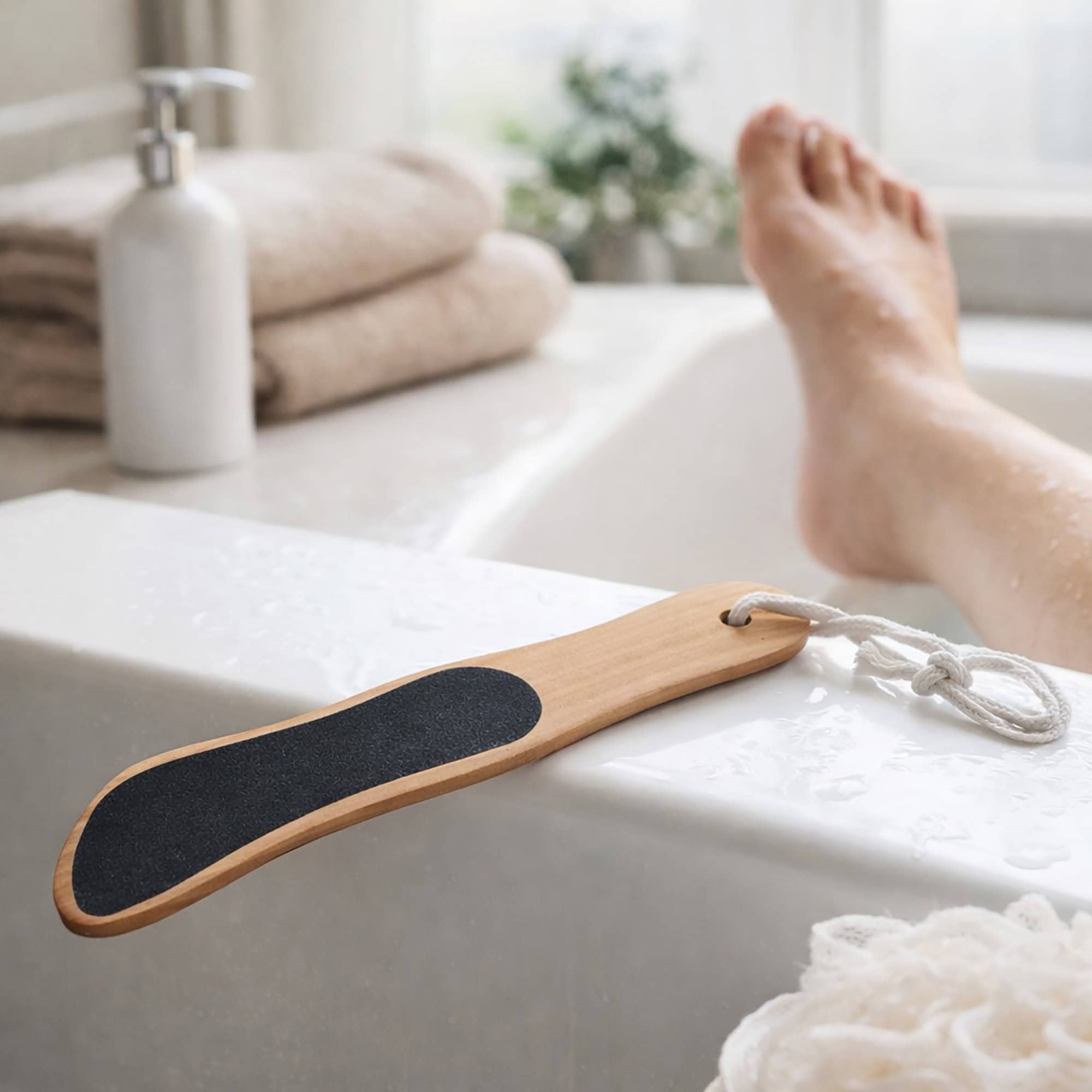 Wooden foot file with black dual-sided grit resting on a bathtub edge, with a person's foot visible in the background.