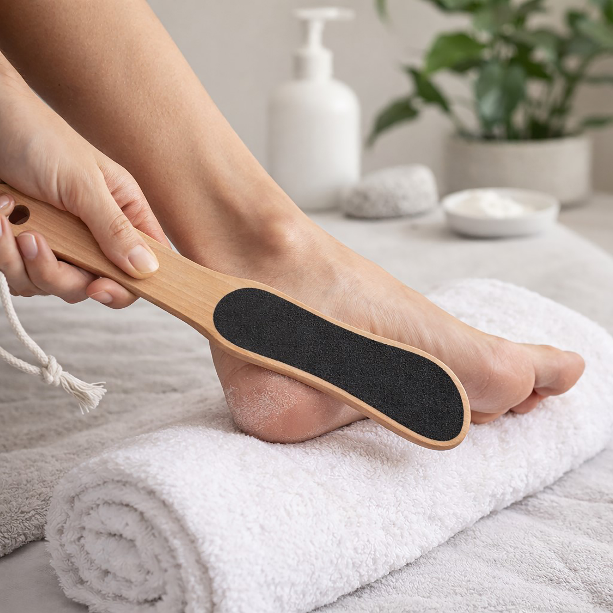 Hand using a wooden dual-grit foot file to exfoliate the heel of a foot resting on a white towel.