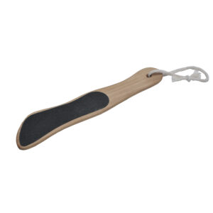 Wooden foot file with curved handle, black abrasive surface, and rope hanging loop