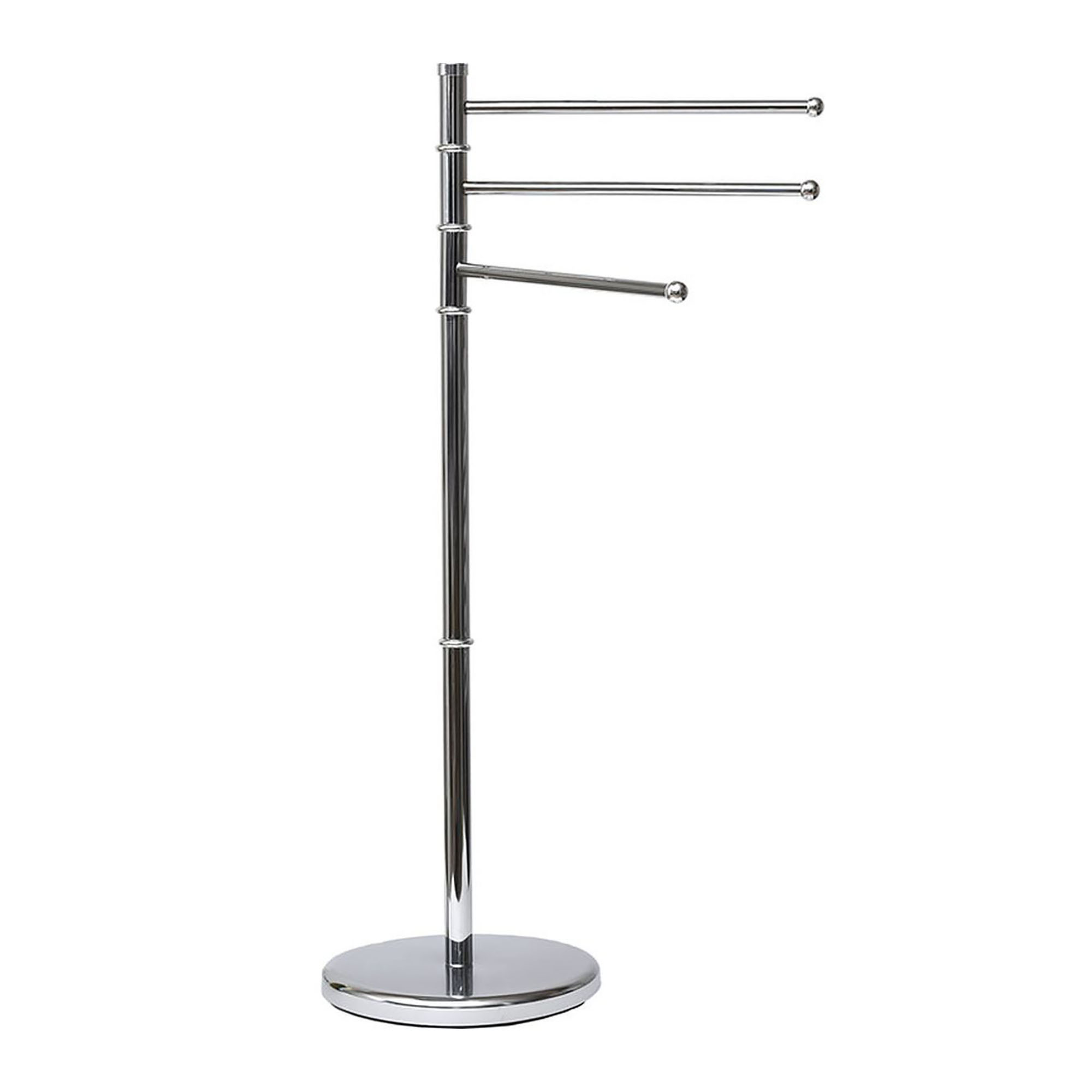 Freestanding chrome towel rack with three swivel arms and round weighted base