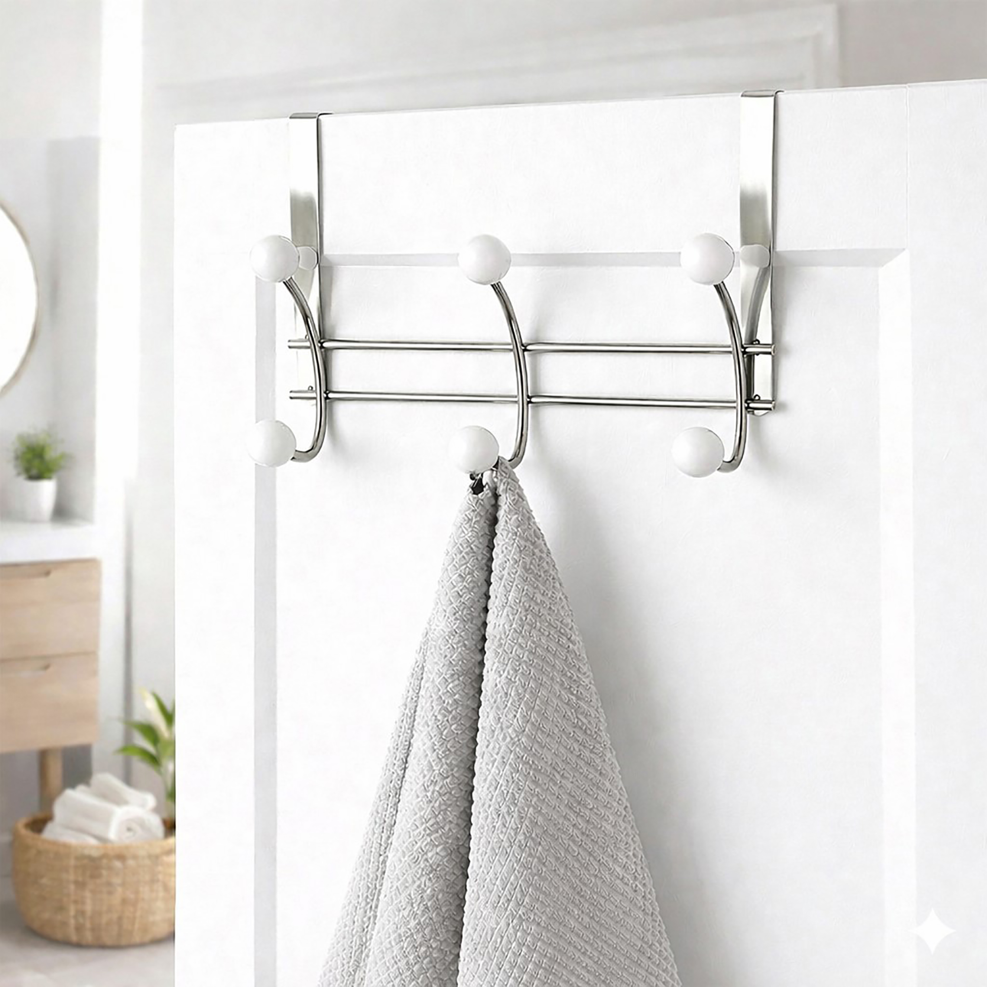 "Chrome over-the-door hook rack holding gray towel on white interior bathroom door"