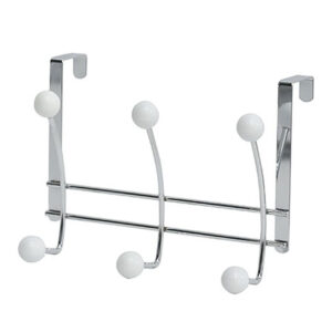 Over-the-door chrome hook rack with 6 white rounded ends