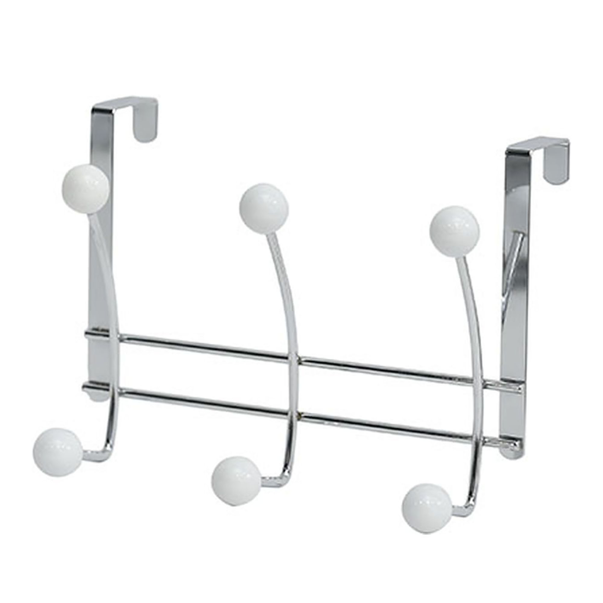 Over-the-door chrome hook rack with 6 white rounded ends