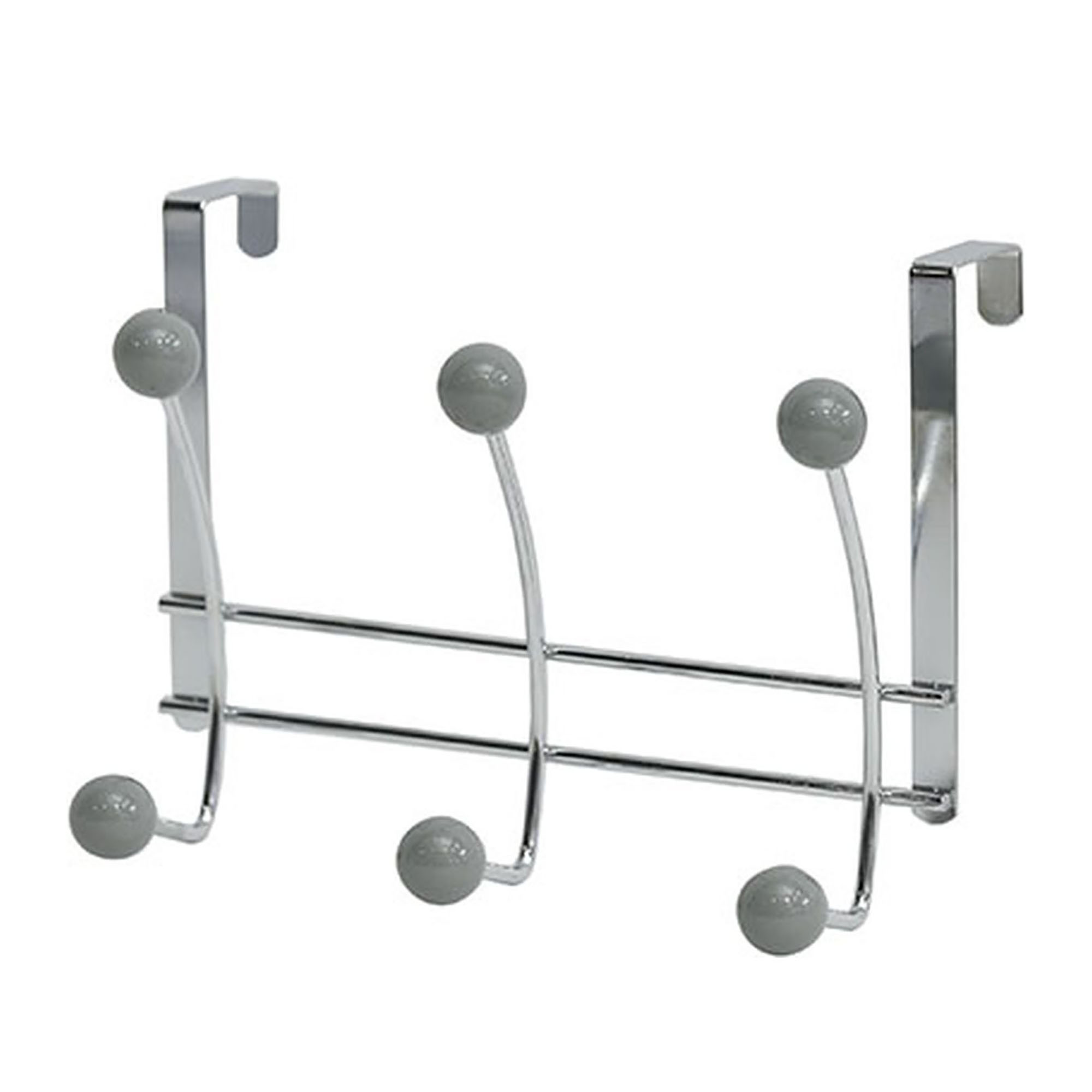 Over-the-door chrome hook rack with 6 gray rounded ends