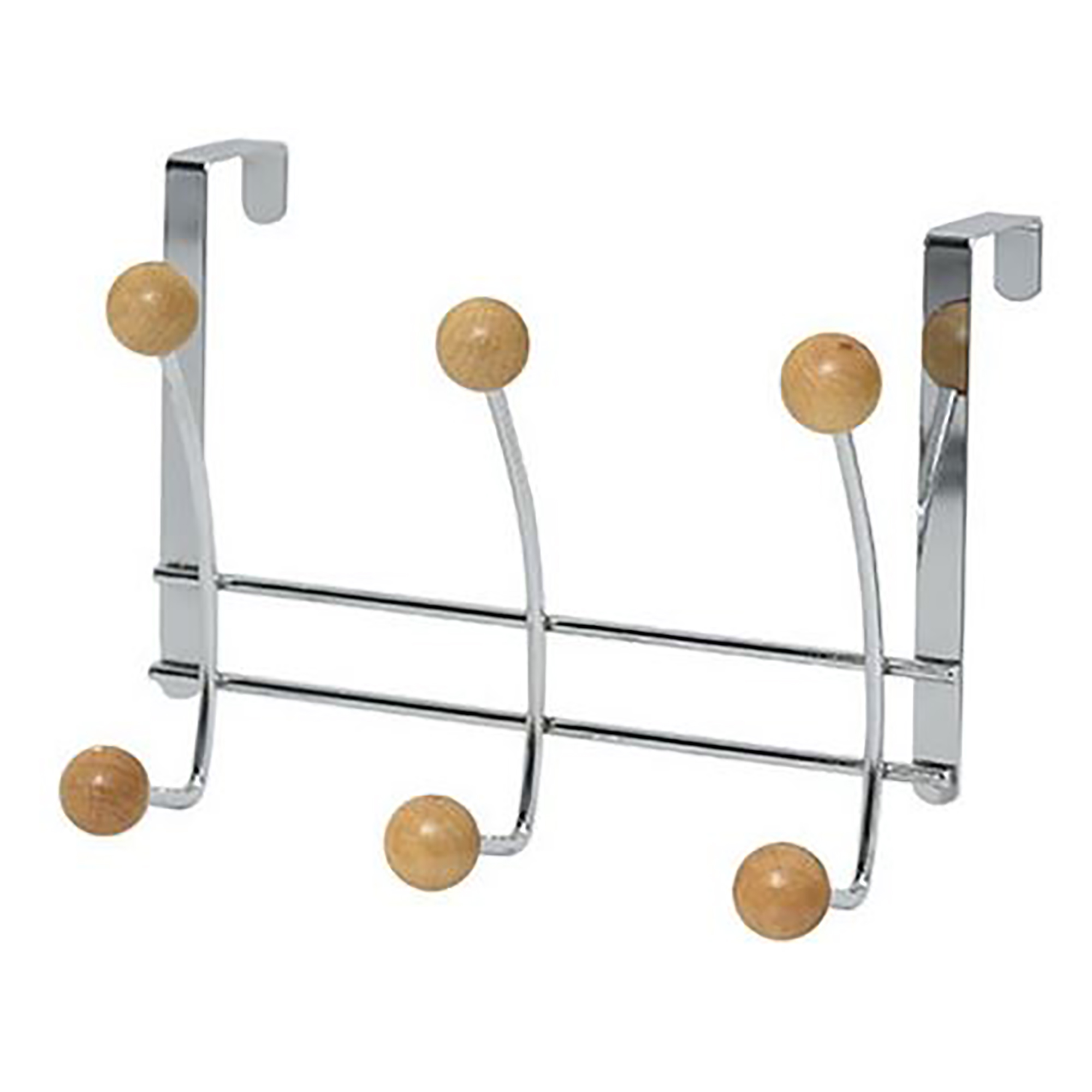 Over-the-door chrome hook rack with 6 natural wood rounded ends