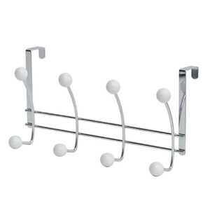 Over-the-door chrome hook rack with 4 double hooks and white ball ends
