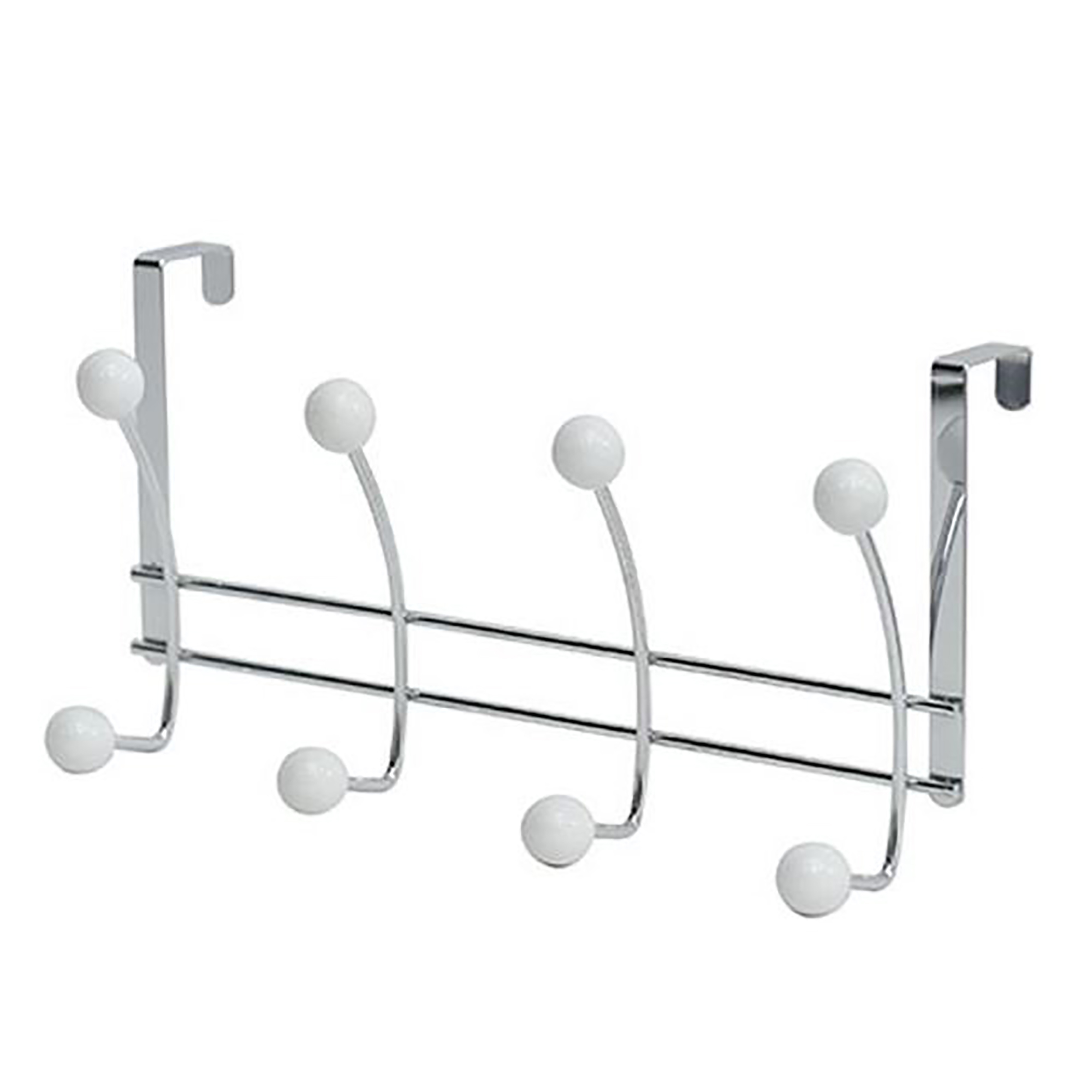 Over-the-door chrome hook rack with 4 double hooks and white ball ends