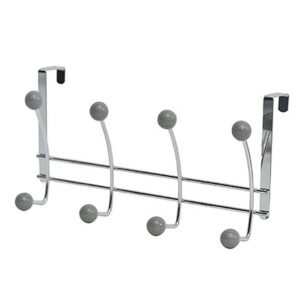 Over-the-door chrome hook rack with 4 double hooks and gray ball ends