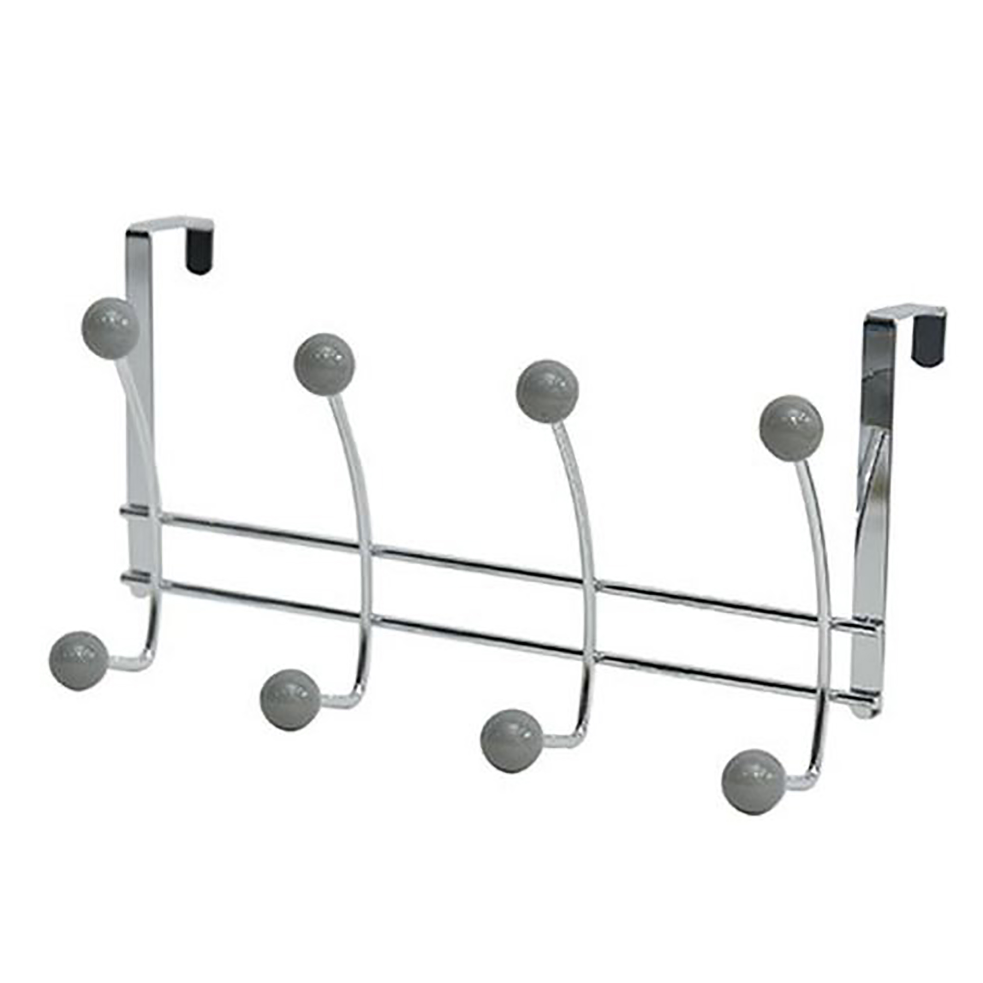 Over-the-door chrome hook rack with 4 double hooks and gray ball ends