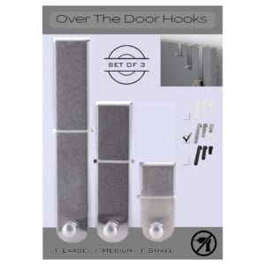 "Product infographic showing set of 3 stainless steel over-door hooks in large, medium, small with no-drill feature"