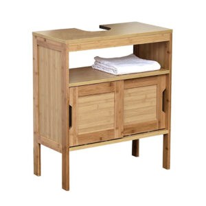 Bamboo Under-Sink Cabinet with Open Shelf - A compact bamboo under-sink cabinet with an open shelf, ideal for storing towels and toiletries in a natural, eco-conscious design.