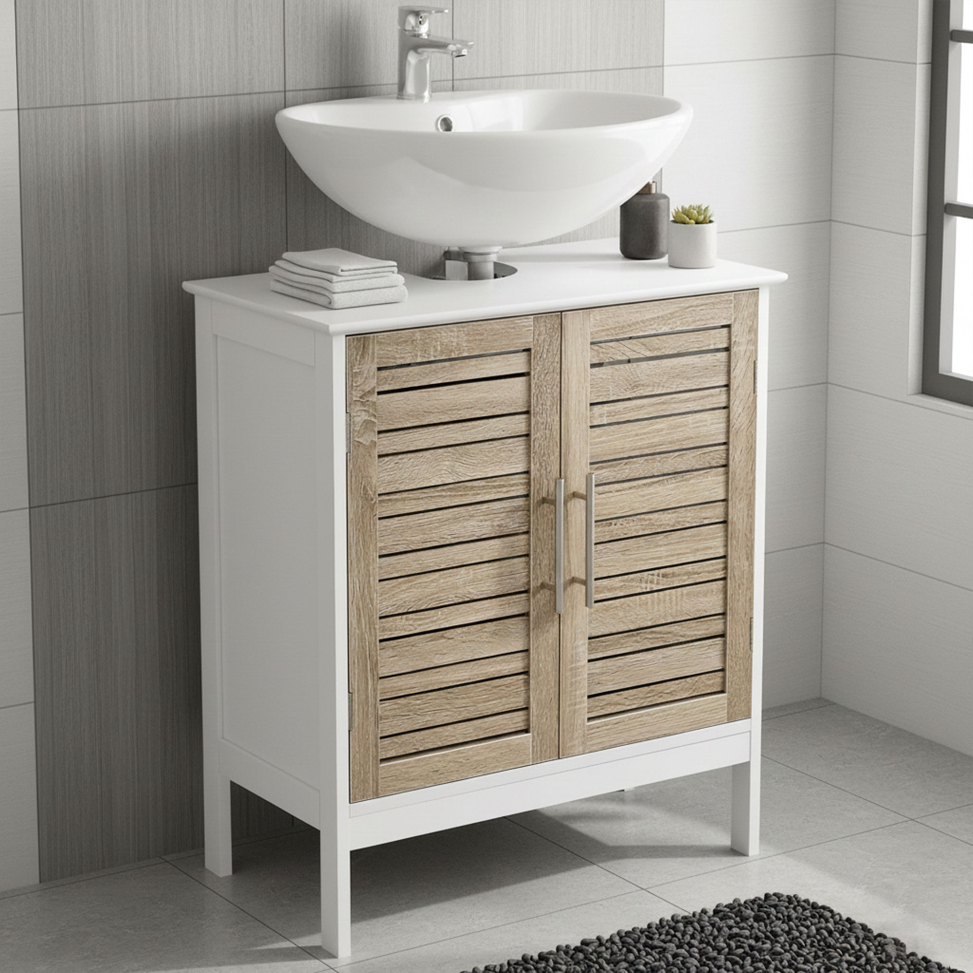 “Bathroom under-sink cabinet with white frame and wood-slatted doors”