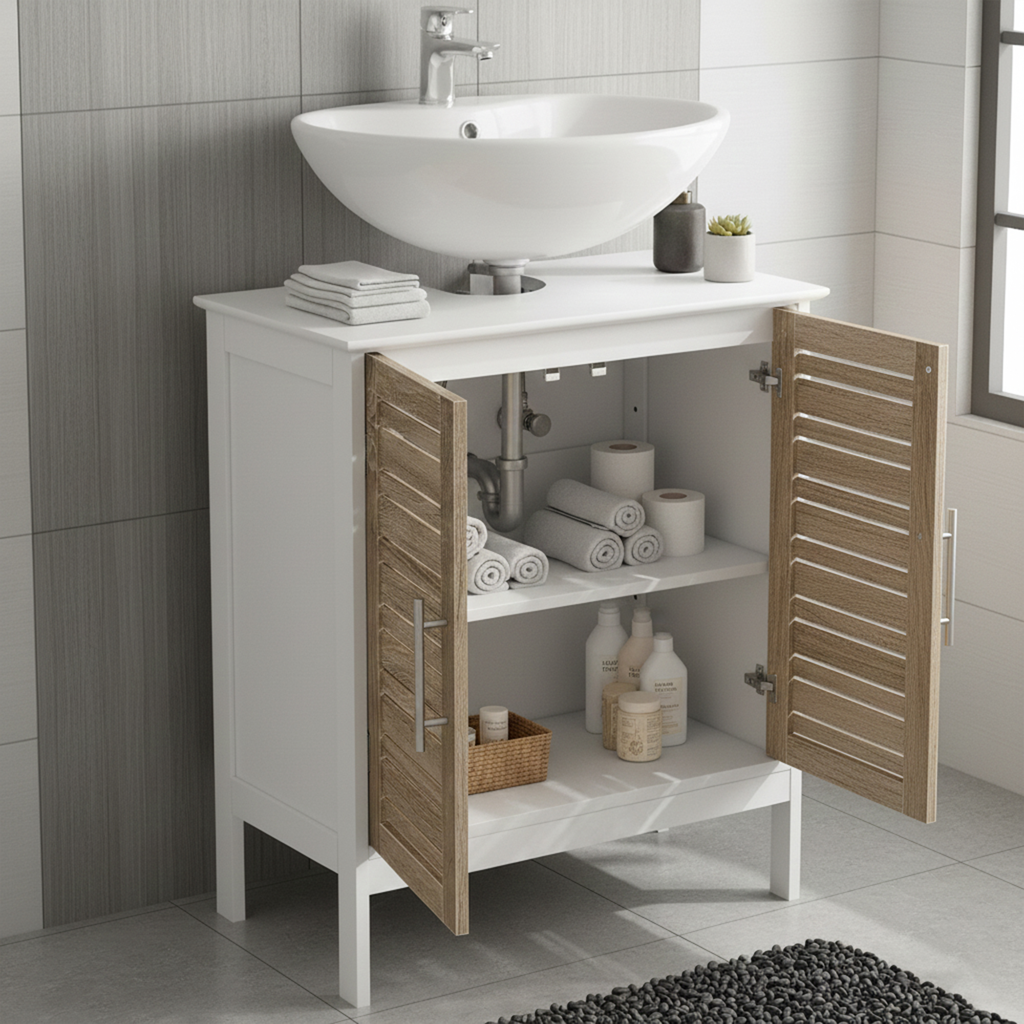 “Under-sink cabinet with open wood-slatted doors showing interior storage”