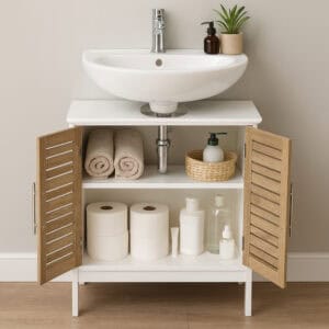 “White under-sink cabinet with open doors displaying towels and bathroom items”