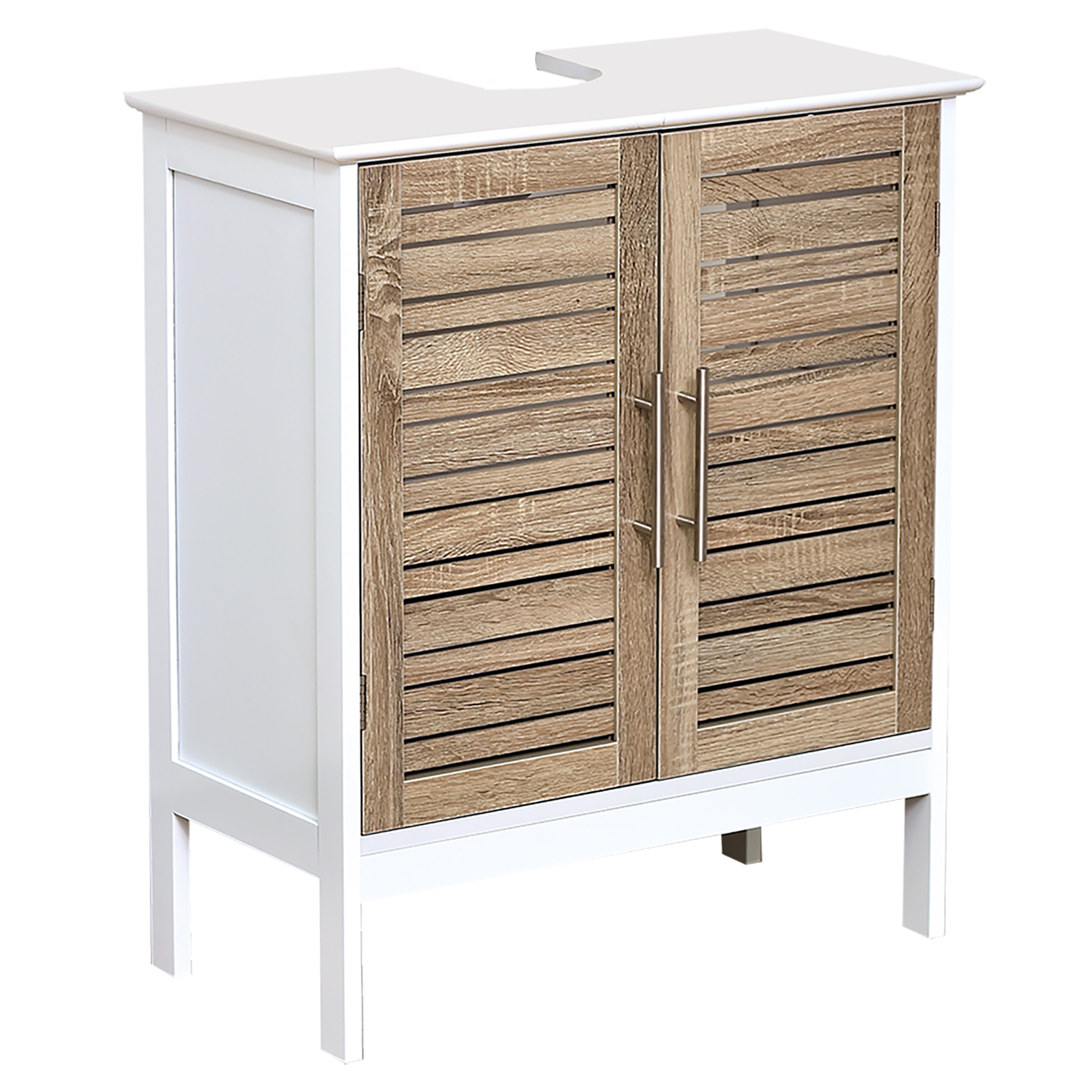 Front view of the bathroom under-sink cabinet: A stylish under-sink bathroom cabinet featuring vented wooden doors, stainless steel handles, and a clean white frame.