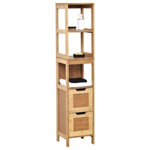 Tall bamboo storage cabinet with open shelves and drawers - A tall storage cabinet crafted from bamboo featuring multiple open shelves and two spacious drawers for versatile bathroom storage.