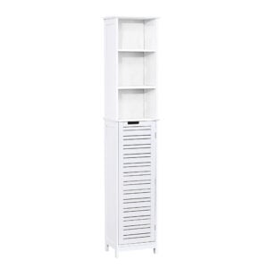 Front view of a tall white bathroom storage cabinet with open shelves and a vented door, showcasing a sleek and modern design.