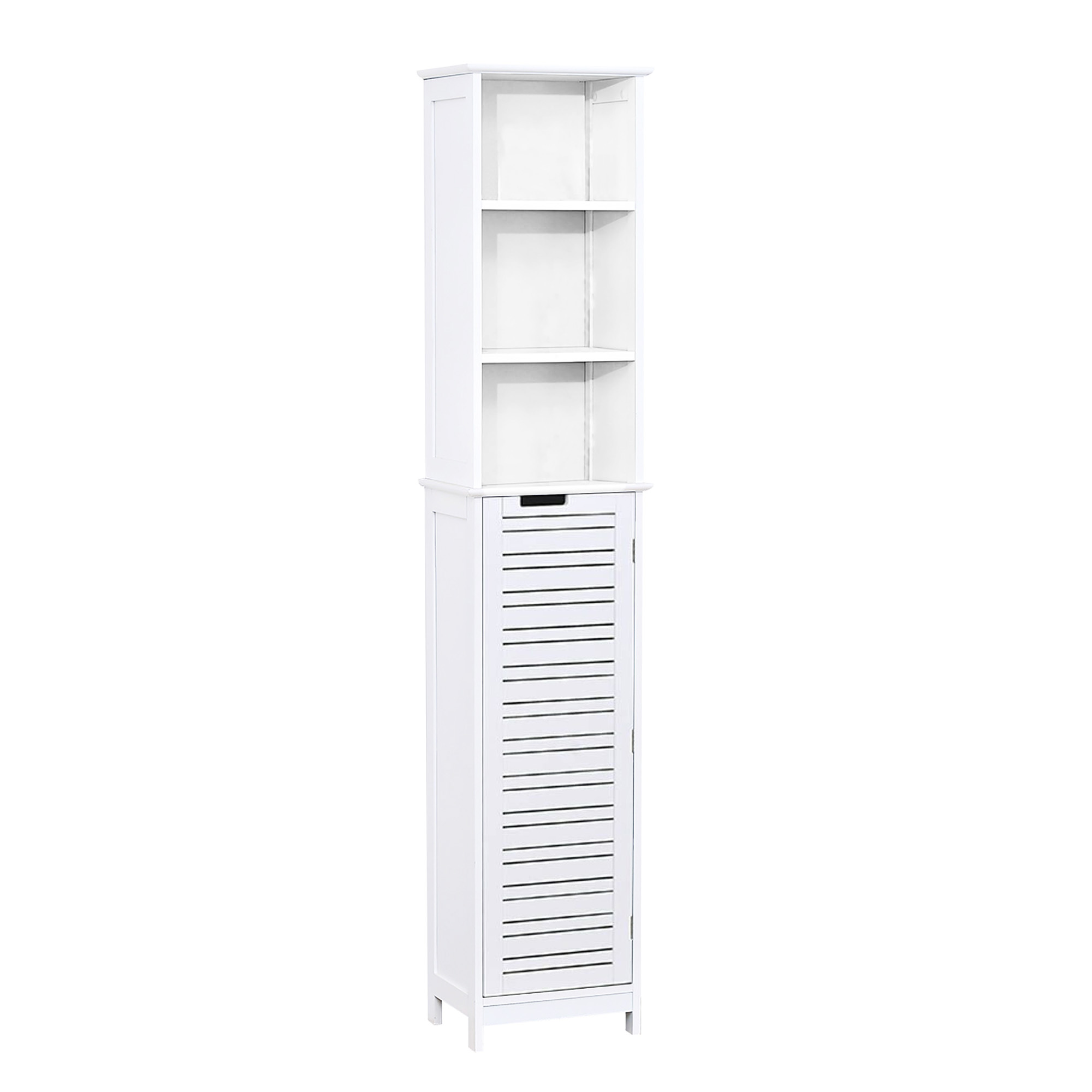 Front view of a tall white bathroom storage cabinet with open shelves and a vented door, showcasing a sleek and modern design.