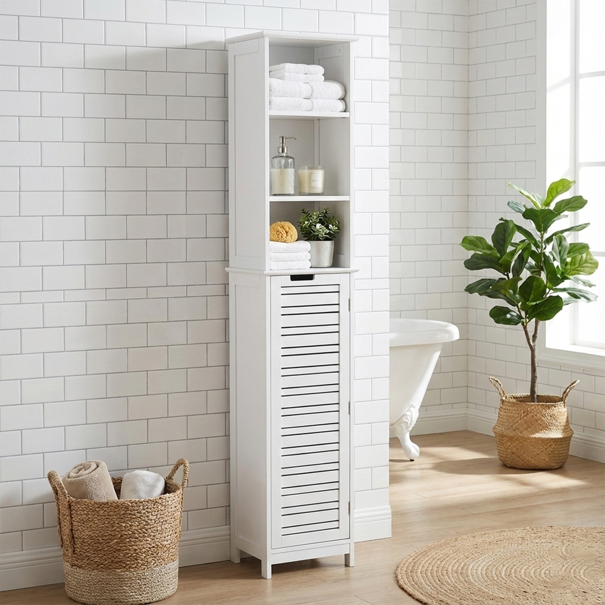 “Tall white bathroom storage cabinet with open shelves and vented door”