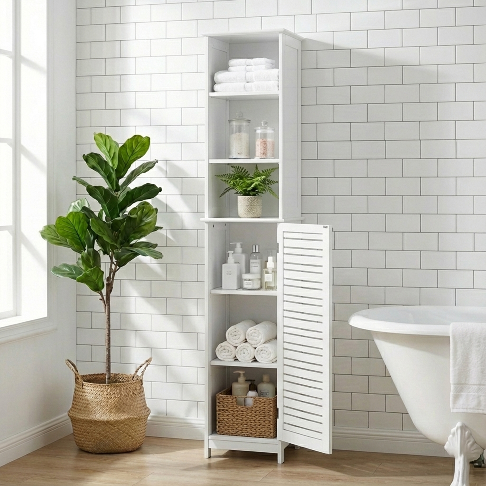 “Tall white bathroom cabinet open showing shelves with towels and bottles”